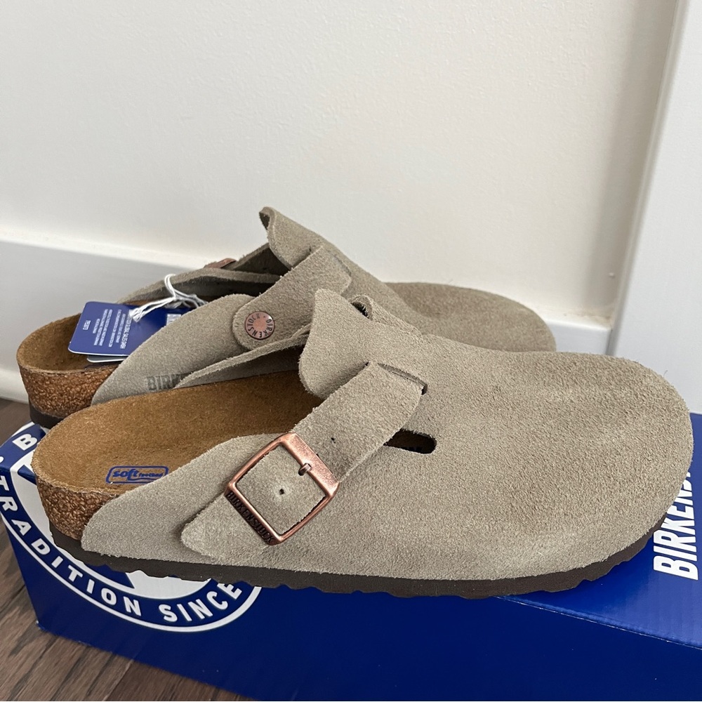 Birkenstock Boston Taupe Suede Slides Slippers Shoes NIB NWT Narrow Fit